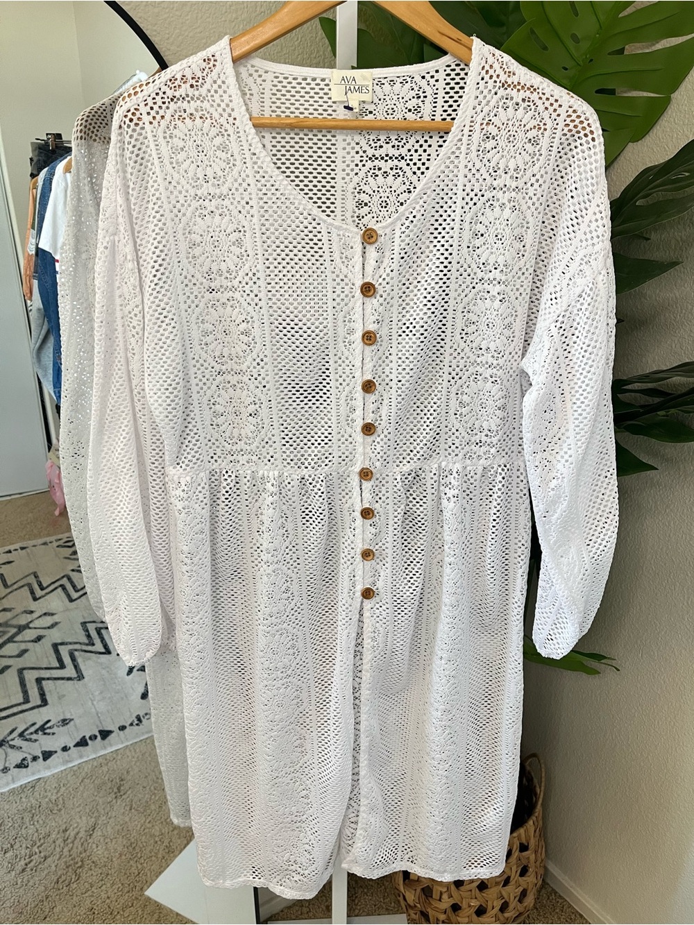 🤍 White Crochet Lace Tunic Dress L | Boho Coastal Coverup Chic | Ava James